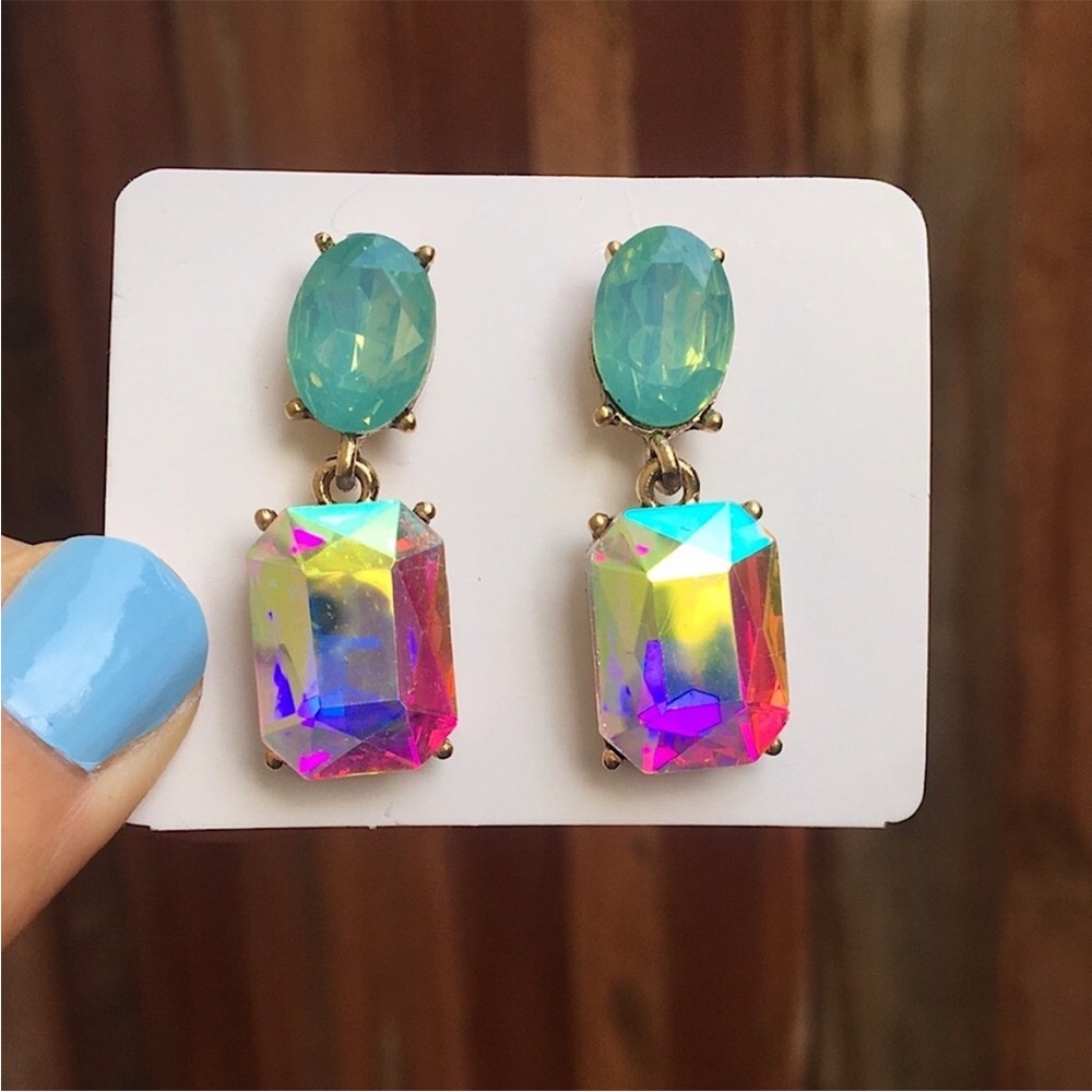 Iridescent Aurora Borealis + Pacific Opal Green Crystal Drop Earrings